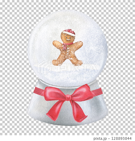 Gingerbread Man in a Snow Globe. Watercolor illustration of a Christmas snowball with snowfall. Hand drawn holiday sketch of Snowglobe on white isolated background. Water color painting art image 128893844