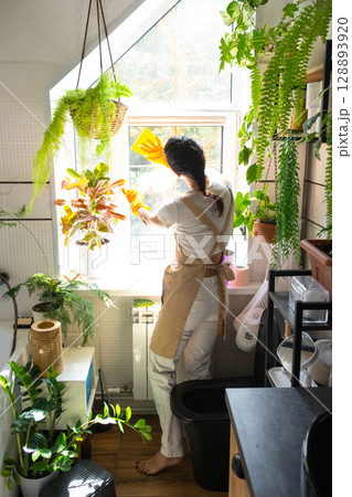 Woman in rubber gloves and apron manually washes window of house in bathroom with rag cleaner and mop inside interior with home plants. Restoring order and cleanliness, cleaning servise 128893920