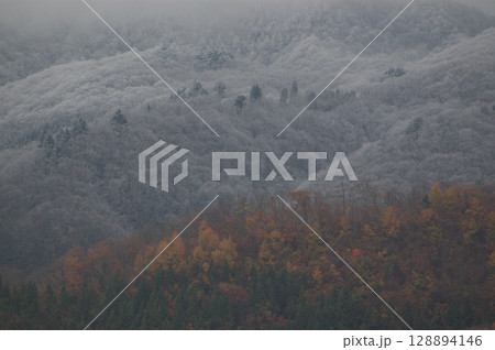 雪と紅葉の山肌 128894146