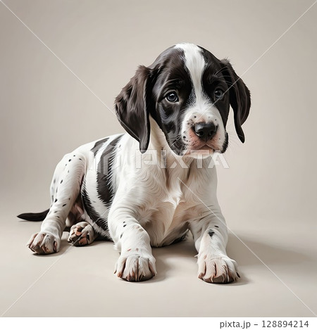 リラックスして伏せるイングリッシュ・ポインターの子犬 リラックスして伏せるイングリッシュ・ポインターの子犬 128894214