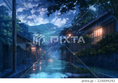 雨が降る夜の街並み 雨が降る夜の街並み 128894242