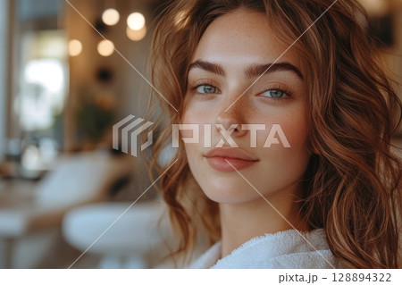 Portrait of a Young Woman Enjoying Beauty Treatment in a Salon Portrait of a Young Woman Enjoying Beauty Treatment in a Salon 128894322