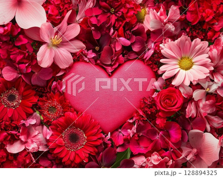 Red and Pink Flower Frame with Heart Symbols in Clean Lines 128894325