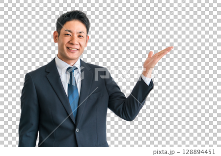 案内・おすすめ・紹介・説明・提案・ガイドするスーツ姿の中年男性ビジネスマン 案内・おすすめ・紹介・説明・提案・ガイドするスーツ姿の中年男性ビジネスマン 128894451