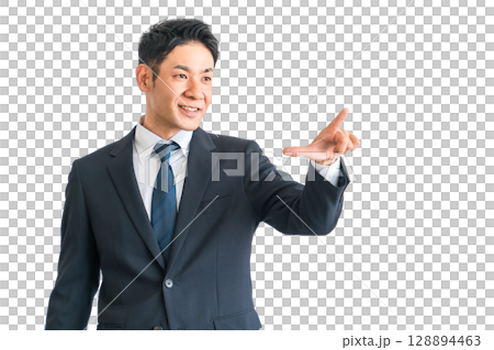 指差しするスーツ姿の中年の男性アジア人ビジネスマン（チャレンジ・前向き・アイデア・起業・希望） 128894463