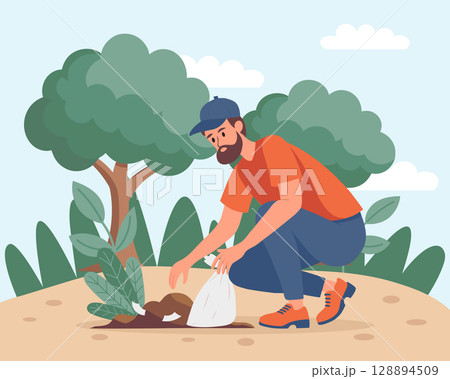 Volunteer man collects trash in the park. Man cleaning up garbage outdoor. Ecological concept. Illustration. 128894509
