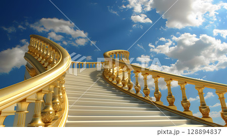 Golden staircase leading upwards symbolizing ambition 128894837