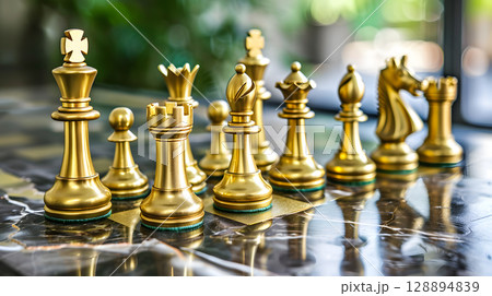 Gold-plated chess set on a luxurious marble board 128894839