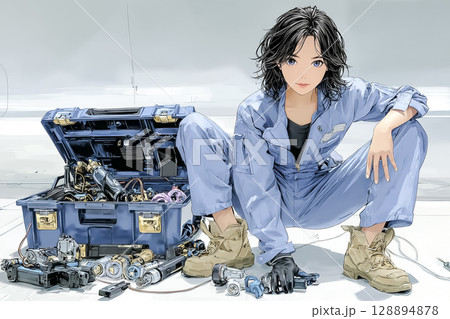 工具を並べて整備する女性エンジニアのイラスト素材 128894878