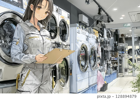 コインランドリーで洗濯機のメンテナンスをする女性 128894879