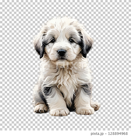 Cutout illustration of a cute sitting Old English Sheepdog puppy 128894968