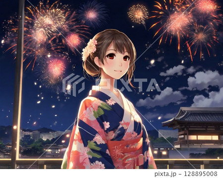 花火を背景に映る着物の女性 128895008