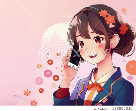 スマホで話す女子高生 スマホで話す女子高生 128895030