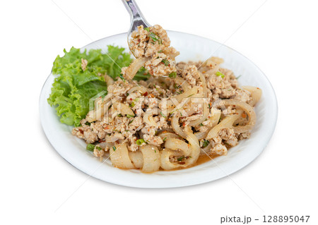 Top view of Spicy minced pork with pigskin, focus selective 128895047