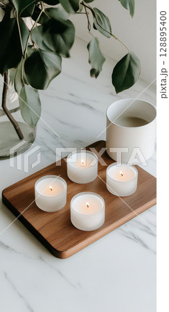 Candles on wooden tray casting gentle shadows in serene setting 128895400