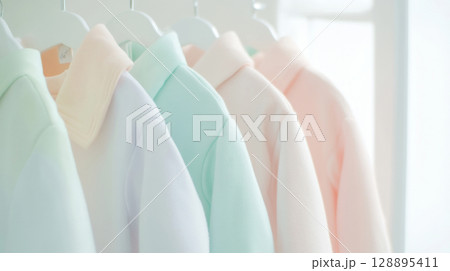 Light pastel clothes on rail, soft colors and minimal design background Light pastel clothes on rail, soft colors and minimal design background 128895411