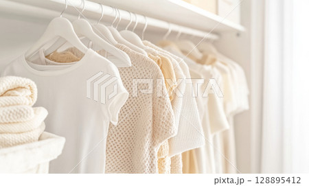 Neutral childrens clothes on hangers in bright closet, suitable for background 128895412