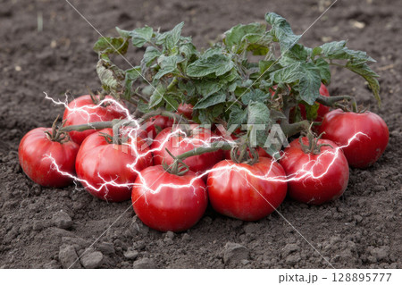 Mutant tomatoes with electric energy in garden, surrounded by soil and green leaves 128895777