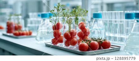 Fresh tomatoes and plants in laboratory glassware on research table 128895779