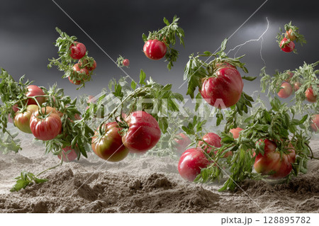 Surreal dreamscape of floating tomatoes in stormy landscape with dramatic lighting 128895782
