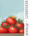 Smiling tomatoes with crown on one, symbolizing playful competition under blue sky 128895836