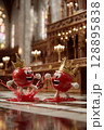 Cartoon tomatoes wearing crowns fighting in grand cathedral, with dramatic splashes of ketchup 128895838