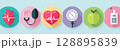 Colorful health icons including heart, stethoscope, blood pressure monitor, apple, 128895839