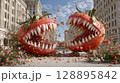 Giant tomato monsters battling in city with dramatic flying debris and flowers 128895842