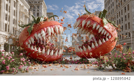 Giant tomato monsters battling in city with dramatic flying debris and flowers Giant tomato monsters battling in city with dramatic flying debris and flowers 128895842