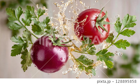 Fresh tomatoes with parsley splashed by water, creating vibrant and refreshing scene Fresh tomatoes with parsley splashed by water, creating vibrant and refreshing scene 128895858