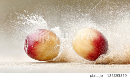 Two red and yellow apples collide with splashes of water on sandy surface 128895859