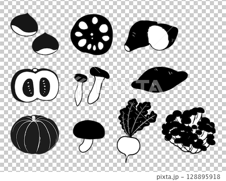 Autumn vegetables silhouette icon set: chestnut, lotus root, sweet potato, pumpkin, mushroom, radish 128895918