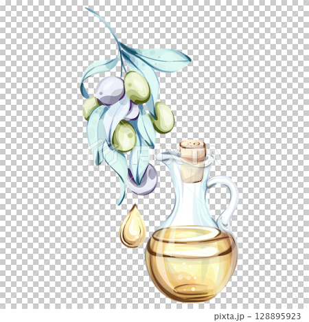 Beautiful watercolor illustration of olives and olive oil showcasing the essence of Italian cuisine and nature 128895923