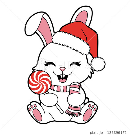 Cheerful Holiday Bunny Holding Lollipop Cheerful Holiday Bunny Holding Lollipop 128896173