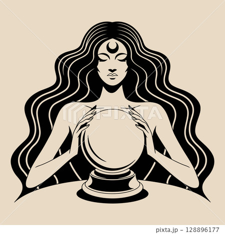 Mystic Fortune Teller Gazing into Crystal Ball Mystic Fortune Teller Gazing into Crystal Ball 128896177