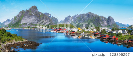 Reine Fishing Village in Lofoten Panorama Reine Fishing Village in Lofoten Panorama 128896297