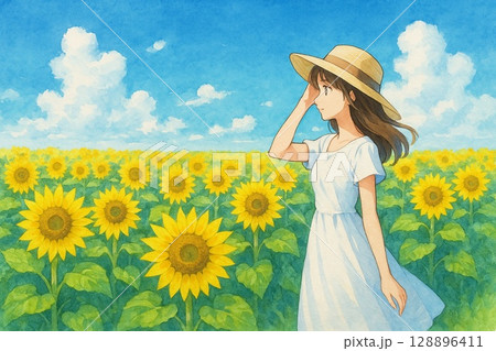 ひまわり畑と女性 128896411