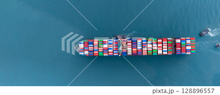 Aerial view container ship cargo freight shipping international, Global business freight shipping import export logistic transportation container ship, Container ship cargo sea freight container ship. Aerial view container ship cargo freight shipping international, Global business freight shipping import export logistic transportation container ship, Container ship cargo sea freight container ship. 128896557