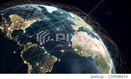 This is an image of the Earth in space, with visible city lights and overlaid golden lines depicting a global network and showing connections across 128896654