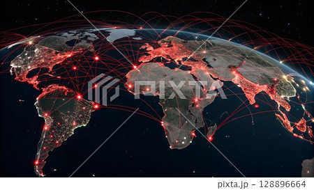 This shows a global network connecting cities across a world map with bright city lights and red connection lines against a dark space 128896664