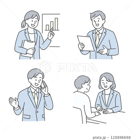 ビジネスパーソンのプレゼン・商談・電話対応のイラストセット 128896698