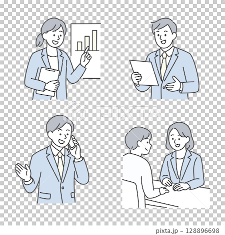 Illustration set of business people's presentations, business negotiations, and telephone correspondence 128896698