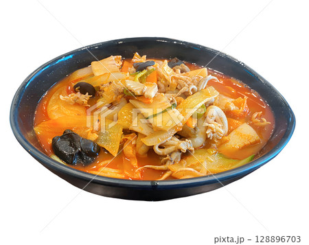 Spicy Seafood Jjamppong with Fresh Squid and Vegetables in Rich Broth Perfect Korean Noodle Soup Spicy Seafood Jjamppong with Fresh Squid and Vegetables in Rich Broth Perfect Korean Noodle Soup 128896703