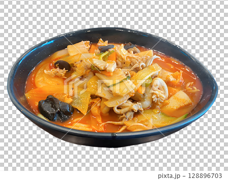 Spicy Seafood Jjamppong with Fresh Squid and Vegetables in Rich Broth Perfect Korean Noodle Soup Spicy Seafood Jjamppong with Fresh Squid and Vegetables in Rich Broth Perfect Korean Noodle Soup 128896703