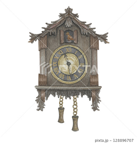 Cuckoo clock Watercolor illustration Cuckoo clock Watercolor illustration 128896707