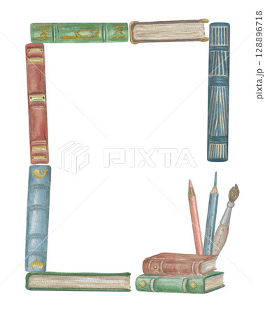 Watercolor illustration Frame with books and flowers 128896718