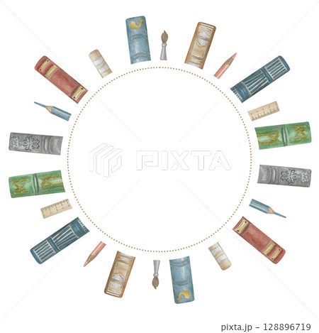 Watercolor illustration Frame with books and pencil Round Watercolor illustration Frame with books and pencil Round 128896719