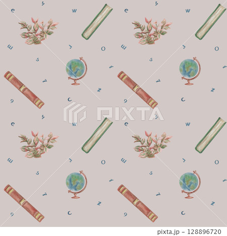 Watercolor seamless pattern with books and flora handmade Watercolor seamless pattern with books and flora handmade 128896720