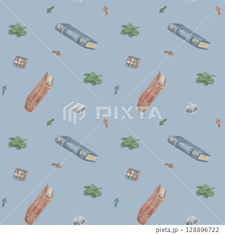 Watercolor seamless pattern with books and flora handmade Watercolor seamless pattern with books and flora handmade 128896722