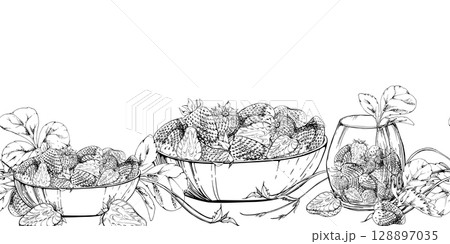 Strawberry with leaves, tendrils in glass bowls, hand drawn in vector ink, scattered ripe picked berry harvest. Isolated seamless banner. Dessert cafe menu, cookbook, craft farmers market, gardening Strawberry with leaves, tendrils in glass bowls, hand drawn in vector ink, scattered ripe picked berry harvest. Isolated seamless banner. Dessert cafe menu, cookbook, craft farmers market, gardening 128897035